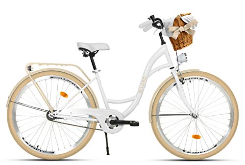 Milord Bikes Bicicleta de Confort Crema Blanca de 1 Velocidad y 28 Pulgadas con Cesta y Soporte Trasero, Bicicleta Holandesa, Bicicleta para Mujer, Bicicleta Urbana, Retro, Vintage