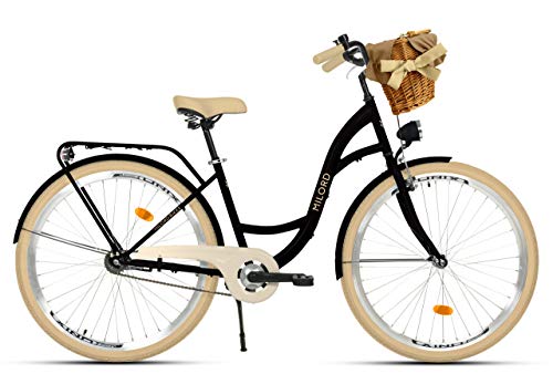 Milord Bikes Bicicleta de Confort Negro y Crema de 1 Velocidad y 28 Pulgadas con Cesta y Soporte Trasero, Bicicleta Holandesa, Bicicleta para Mujer, Bicicleta Urbana, Retro, Vintage Milord Bikes Bicicleta de Confort Negro y Crema de 1 Velocidad y 28 Pulgadas con Cesta y Soporte Trasero, Bicicleta Holandesa, Bicicleta para Mujer, Bicicleta Urbana, Retro, Vintage