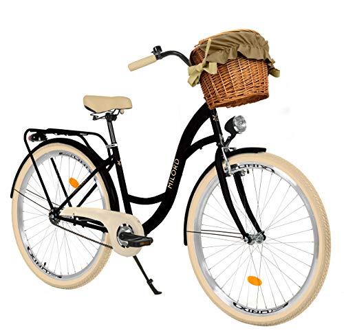 Milord Bikes Bicicleta de Confort Negro y Crema de 1 Velocidad y 28 Pulgadas con Cesta y Soporte Trasero, Bicicleta Holandesa, Bicicleta para Mujer, Bicicleta Urbana, Retro, Vintage