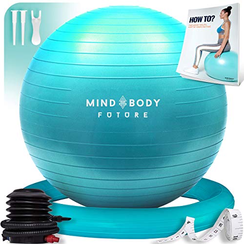 Mind Body Future Pelota Suiza o Gym Ball Bola para Pilates, Yoga, Fitness, Embarazo y Sentarse. Balón Robusto, Antideslizante y Hipoalergénico. Fitball 65 cm con Base y Bomba. Turquesa