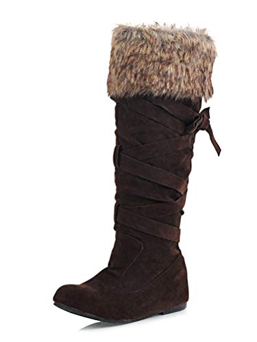 Minetom Mujer Botas Largas De Gamuza Casual Tacón Grueso Planas Zapatos Otoño Invierno Retro Botas Altas Calentar Felpa Marrón 41 EU