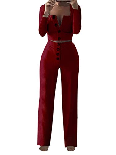Minetom Mujer Chic Conjunto de Chándal Moda Manga Larga Pulóver Top + Pantalones Deportivos Trajes 2 Piezas Yoga Fitness Vino Rojo 34