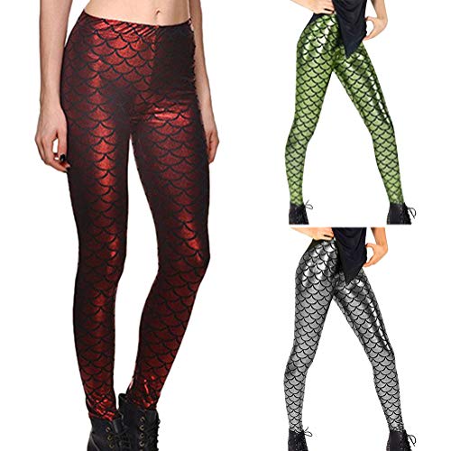 Minetom Mujer Leggings Push Up Skinny Pantalones Brillante Chic Escamas De Pescado Cintura Alta Elásticas Leggins Fitness Nocturno Disco Partido Carnaval Fiesta Plateado XL