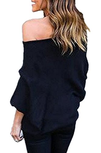 Minetom Mujer Moda Suéter Largo Casual Jersey Prendas de Punto de Cuello Barco Batwing Mangas Largas Camiseta Tops Negro ES 34