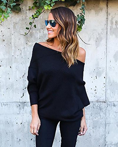 Minetom Mujer Moda Suéter Largo Casual Jersey Prendas de Punto de Cuello Barco Batwing Mangas Largas Camiseta Tops Negro ES 34