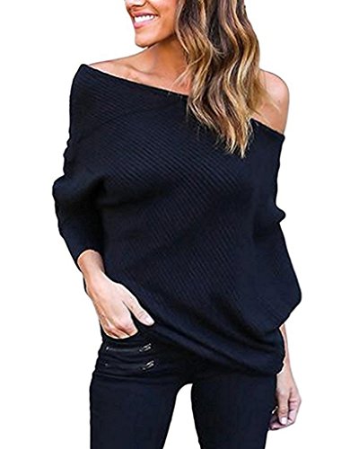 Minetom Mujer Moda Suéter Largo Casual Jersey Prendas de Punto de Cuello Barco Batwing Mangas Largas Camiseta Tops Negro ES 34