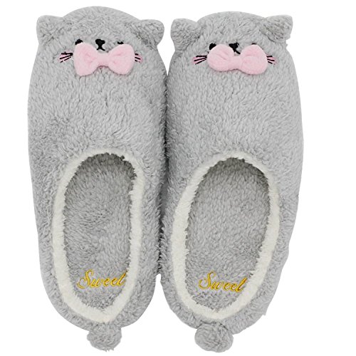 Minetom Mujer Niña Otoño Invierno Suave Zapatillas De Casa Caliente Forro De Felpa Pantuflas Dibujos Animados Antideslizante Zapatos Planos Gris EU 38 39