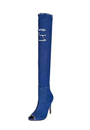 Minetom Mujer Otoño Invierno Moda Boots Tramo Sobre La Rodilla Peep Toe Tacón Alto Jeans Botas Zapatos Azul EU 36