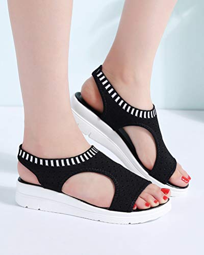 Minetom Mujeres Moda Plano Talla Grande Romanas Sandalias Deportivas Casuales Zapatos de Playa Sandals Chanclas con Punta Abierta Negro 43 EU