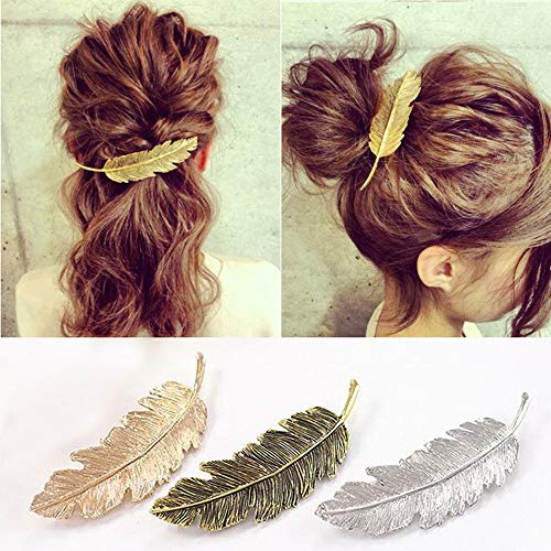 MINGZE 3Pcs Pinzas para el Cabello de Metal, Retro Horquilla Pelo Tocado Lado Clip Pin de Aleación De Plumas Hojas Pasador Garra Accesorios Barrettes (Dorado + Plata + Bronce)