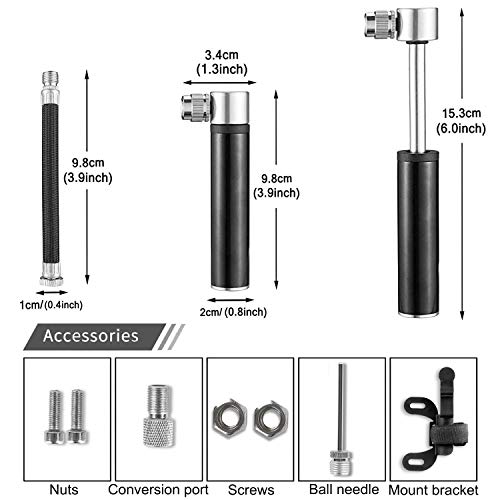 Mini Bomba De Bicicleta, Bomba de Mano Pequeña, 120 PSI - Mini Bomba de Aire Inflador, con Marco fijo, Tuerca de tornillo, Aguja de gas, Manguera, Valvulas, para Bicicletas de Montaña/Moto