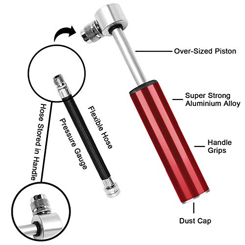 Mini Bomba De Bicicleta, Bomba de Mano Pequeña, 120 PSI - Mini Bomba de Aire Inflador, con Marco fijo, Tuerca de tornillo, Aguja de gas, Manguera, Valvulas, para Bicicletas de Montaña/Moto/Pelotas