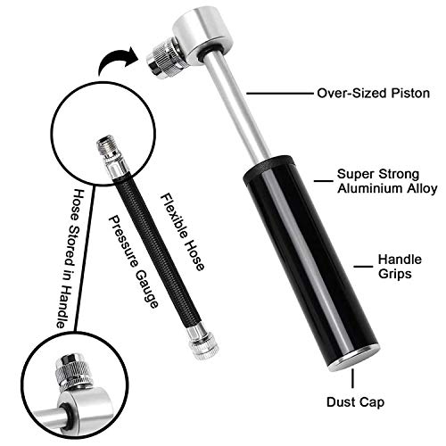 Mini Bomba De Bicicleta, Bomba de Mano Pequeña, 120 PSI - Mini Bomba de Aire Inflador, con Marco fijo, Tuerca de tornillo, Aguja de gas, Manguera, Valvulas, para Bicicletas de Montaña/Moto