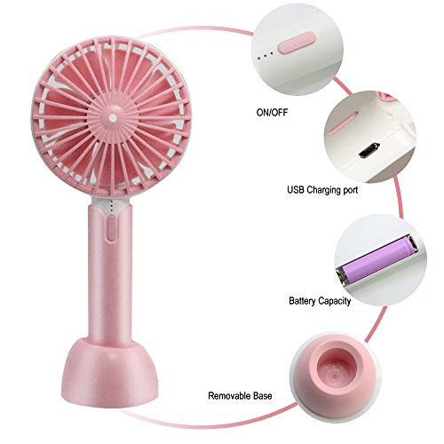 Mini Ventilador de Mano USB, Ventilador USB Portátil con Batería Recargable 2600 mAh Mini Hand Fan Personal con 3 Velocidades Ajustable y Base Escritorio para Oficina Hogar Exterior Viaje etc (Rosa)