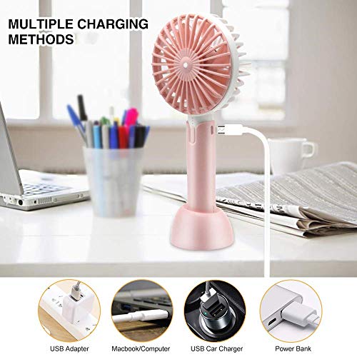 Mini Ventilador de Mano USB, Ventilador USB Portátil con Batería Recargable 2600 mAh Mini Hand Fan Personal con 3 Velocidades Ajustable y Base Escritorio para Oficina Hogar Exterior Viaje etc (Rosa)