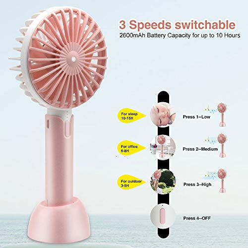 Mini Ventilador de Mano USB, Ventilador USB Portátil con Batería Recargable 2600 mAh Mini Hand Fan Personal con 3 Velocidades Ajustable y Base Escritorio para Oficina Hogar Exterior Viaje etc (Rosa)