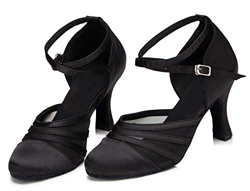 MINITOO Mujer Latina Salsa Cerrada Puntera Satén Malla Salón Baile Zapatos de Baile L189, color Negro, talla 41 EU