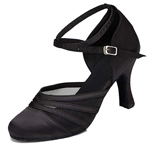 MINITOO Mujer Latina Salsa Cerrada Puntera Satén Malla Salón Baile Zapatos de Baile L189, color Negro, talla 41 EU