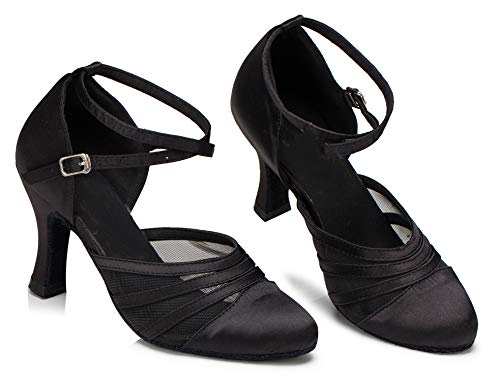 MINITOO Mujer Latina Salsa Cerrada Puntera Satén Malla Salón Baile Zapatos de Baile L189, color Negro, talla 41 EU