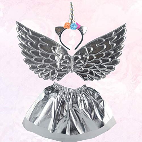 Minkissy Diadema de Unicornio Conjunto de alas Tul Unicornio Plateado Brillante Falda de Hadas Traje Fiesta Gasa Accesorios de Disfraces para niñas