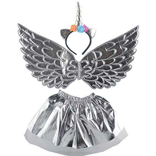 Minkissy Diadema de Unicornio Conjunto de alas Tul Unicornio Plateado Brillante Falda de Hadas Traje Fiesta Gasa Accesorios de Disfraces para niñas