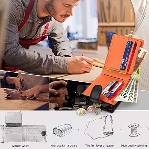 Mirakle Carteras Hombre, Billetera Bifold Hombres, Cartera Cuero Hombre, Billetera Hombre Grande, Billetera RFID con 14 Tarjetas, 2 Ranuras para Billetes, 1 Bolsillo con Cremallera - Negro Naranja