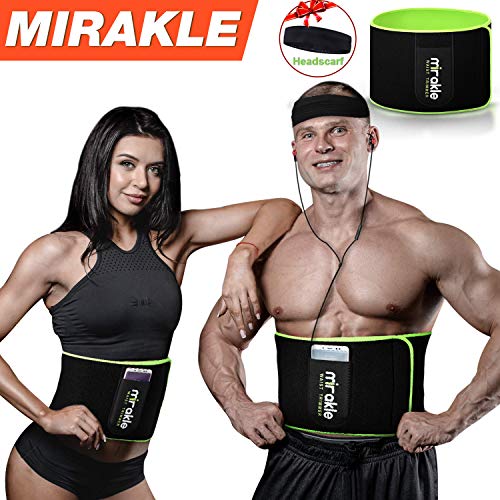 Mirakle Fajas Reductoras Adelgazantes, Faja Reductora de Neopreno para Hombre y Mujer, Faja Reductora Cinturón Lumbar Abdomen Adjustable para Deporte Fitness, Incluye Diadema Deportiva - (Verde Negro)