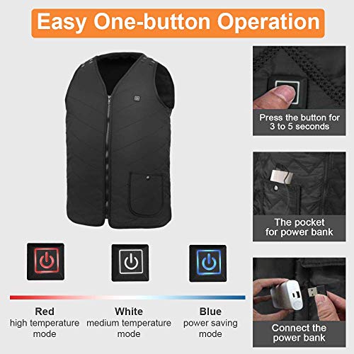 MIROCOO Chaleco Calefactable para Hombre Mujer, Chaquetas con Calefacción USB Eléctrico con 3 Niveles de Temperatura, Chaleco Térmico Ropa de Caza, Exteriores, Senderismo - Tamaño Ajustable, Lavable