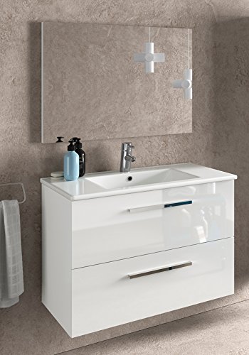 Miroytengo Juego de Mueble de baño Lavabo suspendido 2 cajones, Espejo, lavamanos de cerámica y Columna Auxiliar de Aseo, Acabado en Blanco Brillo