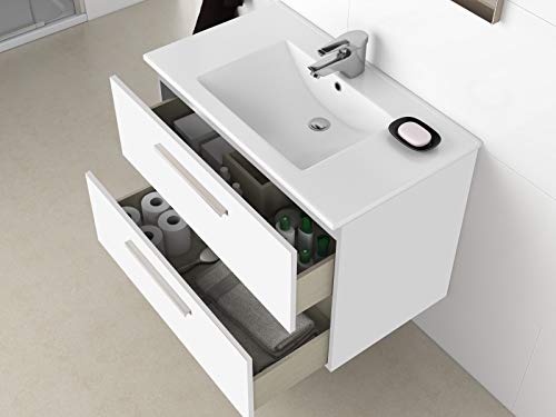 Miroytengo Juego de Mueble de baño Lavabo suspendido 2 cajones, Espejo, lavamanos de cerámica y Columna Auxiliar de Aseo, Acabado en Blanco Brillo Miroytengo Juego de Mueble de baño Lavabo suspendido 2 cajones, Espejo, lavamanos de cerámica y Columna Auxiliar de Aseo, Acabado en Blanco Brillo