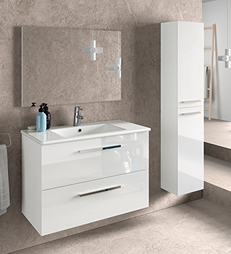 Miroytengo Juego de Mueble de baño Lavabo suspendido 2 cajones, Espejo, lavamanos de cerámica y Columna Auxiliar de Aseo, Acabado en Blanco Brillo Miroytengo Juego de Mueble de baño Lavabo suspendido 2 cajones, Espejo, lavamanos de cerámica y Columna Auxiliar de Aseo, Acabado en Blanco Brillo