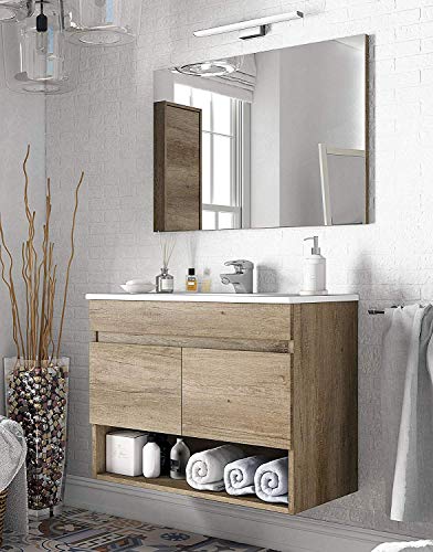 Miroytengo Mueble de baño suspendido con Espejo Incluido de diseño Moderno con Dos Puertas y Hueco Abierto 80x45x64 cm SIN LAVAMANOS