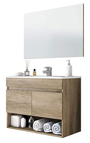 Miroytengo Mueble de baño suspendido con Espejo Incluido de diseño Moderno con Dos Puertas y Hueco Abierto 80x45x64 cm SIN LAVAMANOS