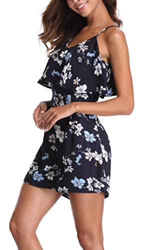 MISS MOLY Mamelucos Mujeres Jumpsuit Moda Correa de Estampado Floral Espagueti Casual Off Hombro Playa Onepiece Ruffled Azul Profundo - XL
