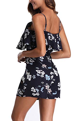 MISS MOLY Mamelucos Mujeres Jumpsuit Moda Correa de Estampado Floral Espagueti Casual Off Hombro Playa Onepiece Ruffled Azul Profundo - XL