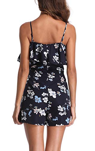 MISS MOLY Mamelucos Mujeres Jumpsuit Moda Correa de Estampado Floral Espagueti Casual Off Hombro Playa Onepiece Ruffled Azul Profundo - XL