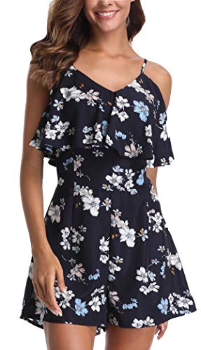 MISS MOLY Mamelucos Mujeres Jumpsuit Moda Correa de Estampado Floral Espagueti Casual Off Hombro Playa Onepiece Ruffled Azul Profundo - XL