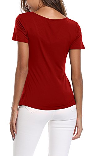 MISS MOLY Mujer Blusa de Mangas Cortas y Dobladillo con Ribete Cintura impermeabilizada con Blusa de Gasa Rojo Vino - S