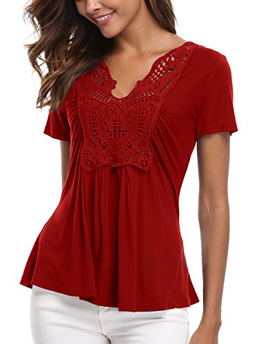 MISS MOLY Mujer Blusa de Mangas Cortas y Dobladillo con Ribete Cintura impermeabilizada con Blusa de Gasa Rojo Vino - S