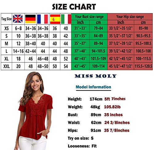 MISS MOLY Mujer Blusa de Mangas Cortas y Dobladillo con Ribete Cintura impermeabilizada con Blusa de Gasa Rojo Vino - S MISS MOLY Mujer Blusa de Mangas Cortas y Dobladillo con Ribete Cintura impermeabilizada con Blusa de Gasa Rojo Vino - S