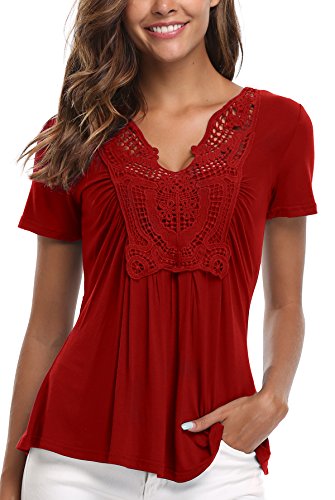 MISS MOLY Mujer Blusa de Mangas Cortas y Dobladillo con Ribete Cintura impermeabilizada con Blusa de Gasa Rojo Vino - S