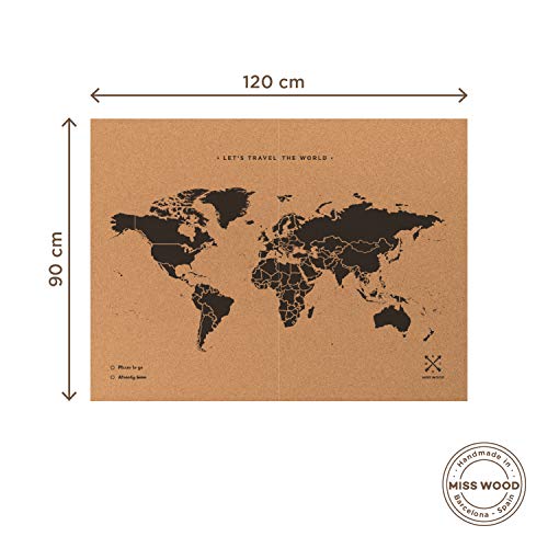 Miss Wood 8436563400124 Mapa Del Mundo de Corcho, 0.4X90.0X120.0 Cm, Negro, Set de 2