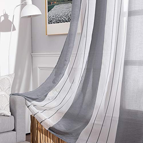 MIULEE Cortinas Translucida de Moderno Ventana Visillos Rayas Salon Paneles con Anillas para Sala Cuarto Comedor Salon Cocina Habitación, 140 x 245 cm 2 Unidades Blanco+Gris