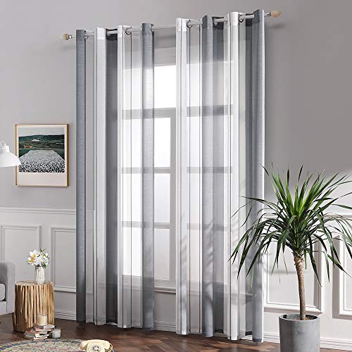 MIULEE Cortinas Translucida de Moderno Ventana Visillos Rayas Salon Paneles con Anillas para Sala Cuarto Comedor Salon Cocina Habitación, 140 x 245 cm 2 Unidades Blanco+Gris