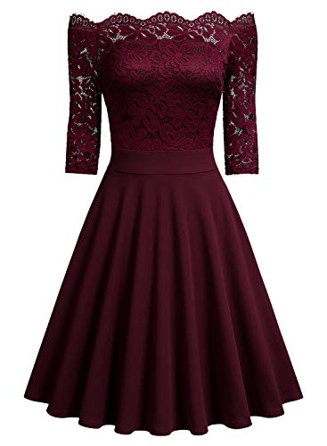 Miusol Elegante Floral Encaje Slim Fiesta Vestido para Mujer Rojo Medium