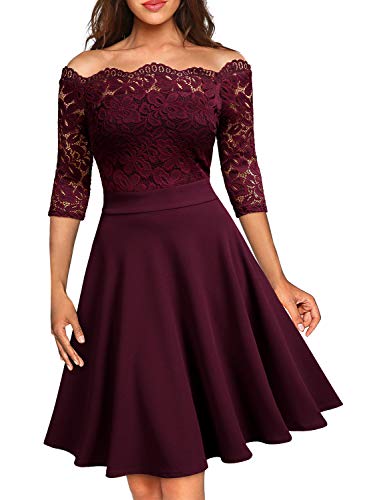 Miusol Elegante Floral Encaje Slim Fiesta Vestido para Mujer Rojo Medium