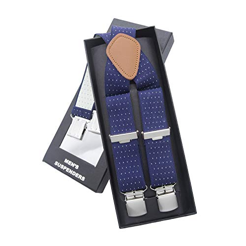 MLM Tirantes Hombres Tirantes Para Hombres Heavy Duty 4 Clips Wide 1.4"X Shape Back Elastic Durable Suspenders Thicken Wide Clips Para Metales (Garantía de un año) (Punto de onda azul-blanco)