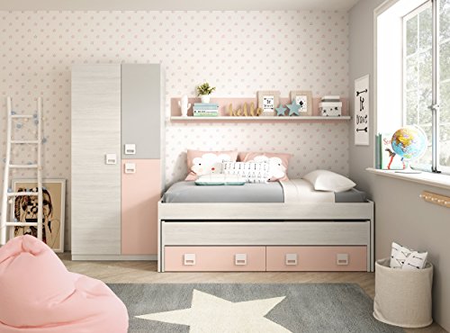 Mobelcenter - Cama Nido con cajones y estantería Nube - Color Blanco y Rosa Pastel - Conjunto Dormitorio Infantil Juvenil (199cm de Ancho x 69cm de Altura x 96cm de Fondo) - 0983 Mobelcenter - Cama Nido con cajones y estantería Nube - Color Blanco y Rosa Pastel - Conjunto Dormitorio Infantil Juvenil (199cm de Ancho x 69cm de Altura x 96cm de Fondo) - 0983
