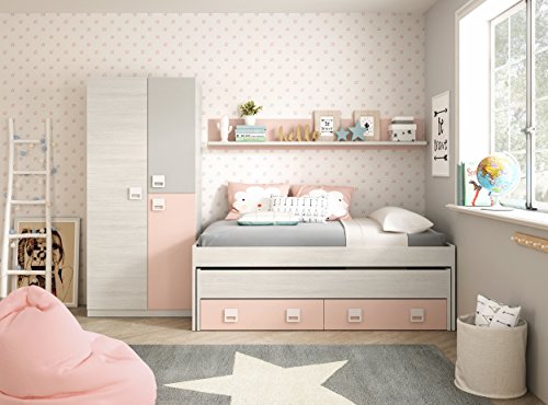 Mobelcenter - Cama Nido con cajones y estantería Nube - Color Blanco y Rosa Pastel - Conjunto Dormitorio Infantil Juvenil (199cm de Ancho x 69cm de Altura x 96cm de Fondo) - 0983