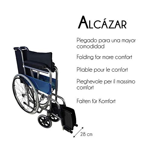 Mobiclinic, Alcázar, Silla de ruedas plegable, ortopédica, para minusválidos, manual, freno en manetas, reposabrazos fijos y reposapiés abatibles, asiento, ultraligera, color negro